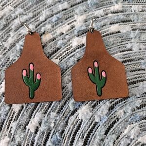 Genuine leather, hand painted.Brown Cactus Earrings